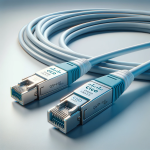 DALL·E 2023-12-21 00.43.08 – A realistic image of two types of Cisco cables_ QSFP-H40G-ACU7M and QSFP-H40G-CU3M. The QSFP-H40G-ACU7M is a longer, more flexible cable, typically us